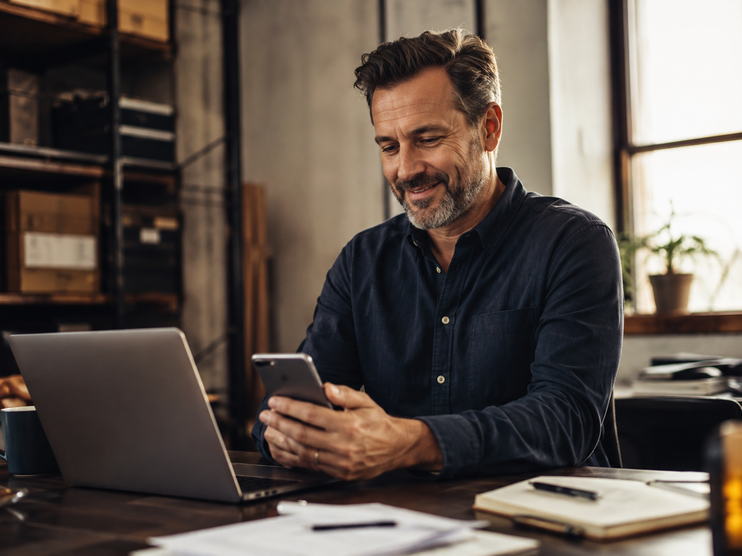 A local business owner managing calls and work from his office