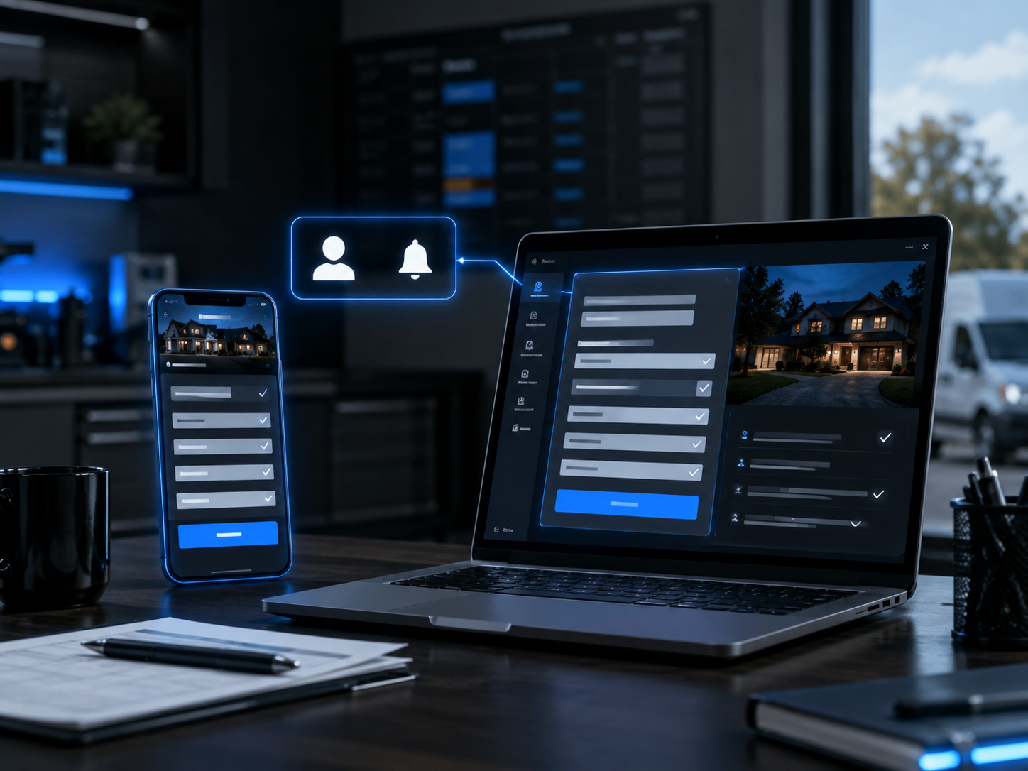A simple customer intake experience shown on a phone and laptop