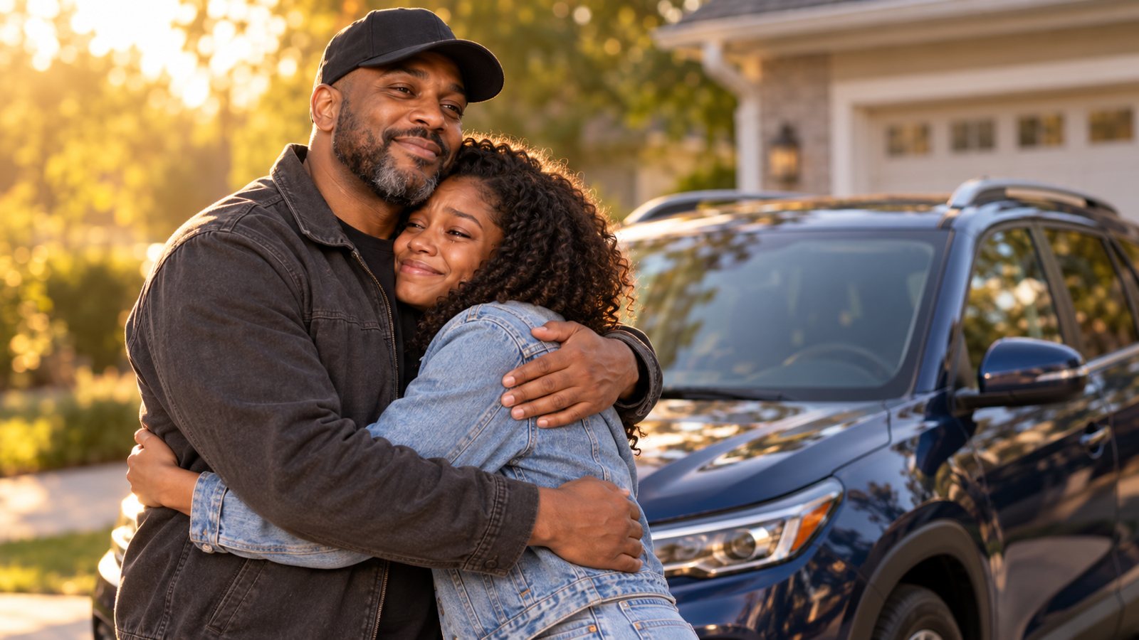 Father and daughter embrace beside her first car