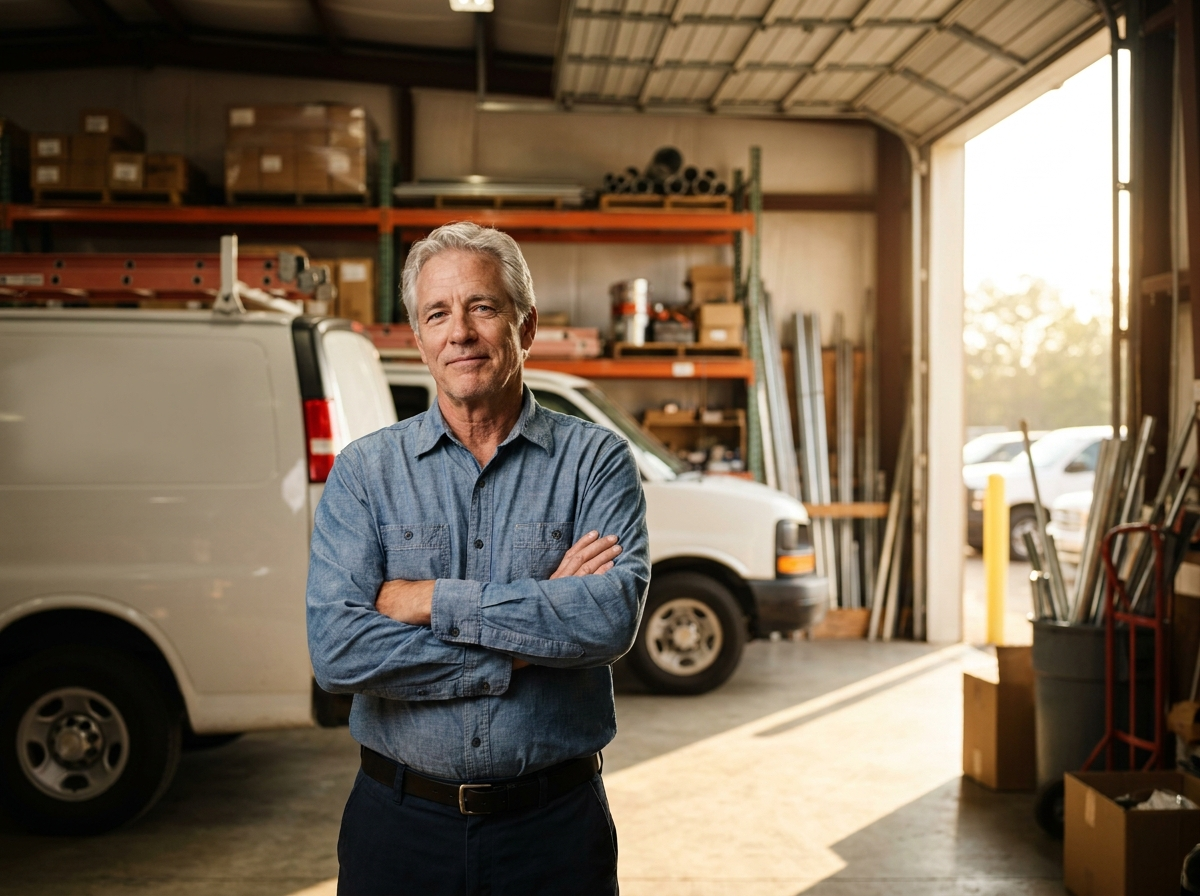 An established business owner in his warehouse — the man everything still depends on
