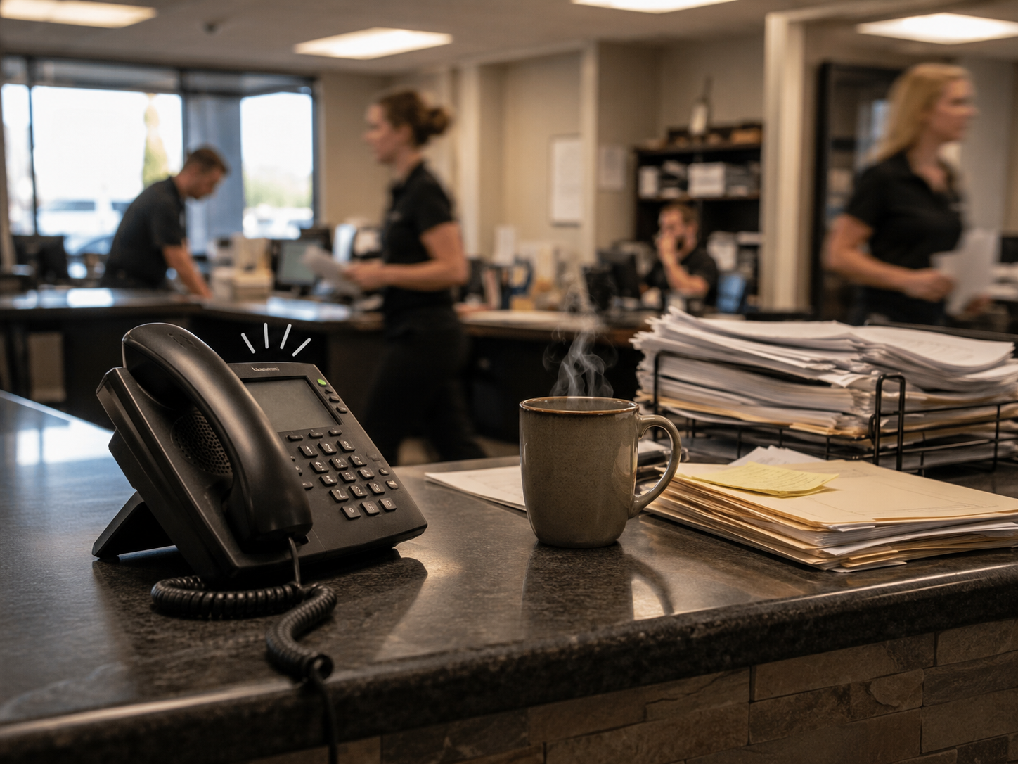 A ringing phone going unanswered at a busy service company front desk