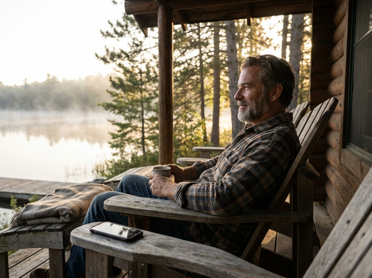An owner at his lake cabin at dawn — a week away that is actually a week away